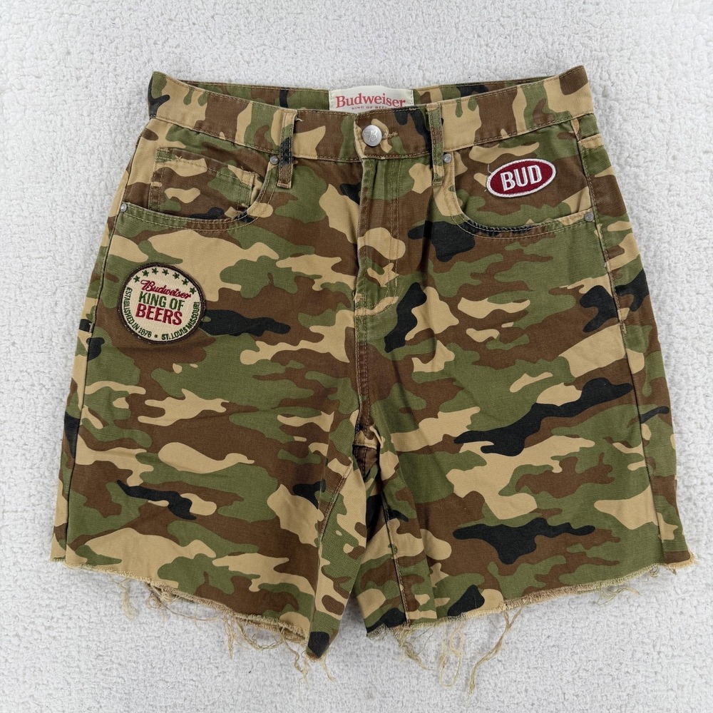PacSun Shorts Womens 26 Green Camo Budweiser Cutoff Frayed Hem Embroidered Beer